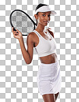 Tennis player, sports uniform and racket in the hands of a beautiful woman looking happy and ready to play with a positive attitude. Confident, fit and athletic female isolated on a png background