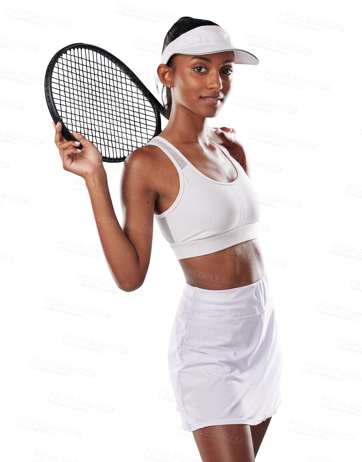 Buy stock photo Portrait, exercise and PNG with a woman tennis player isolated on a transparent background for health or sports. Fitness, focus and confident with a female indian athlete looking ready for a game