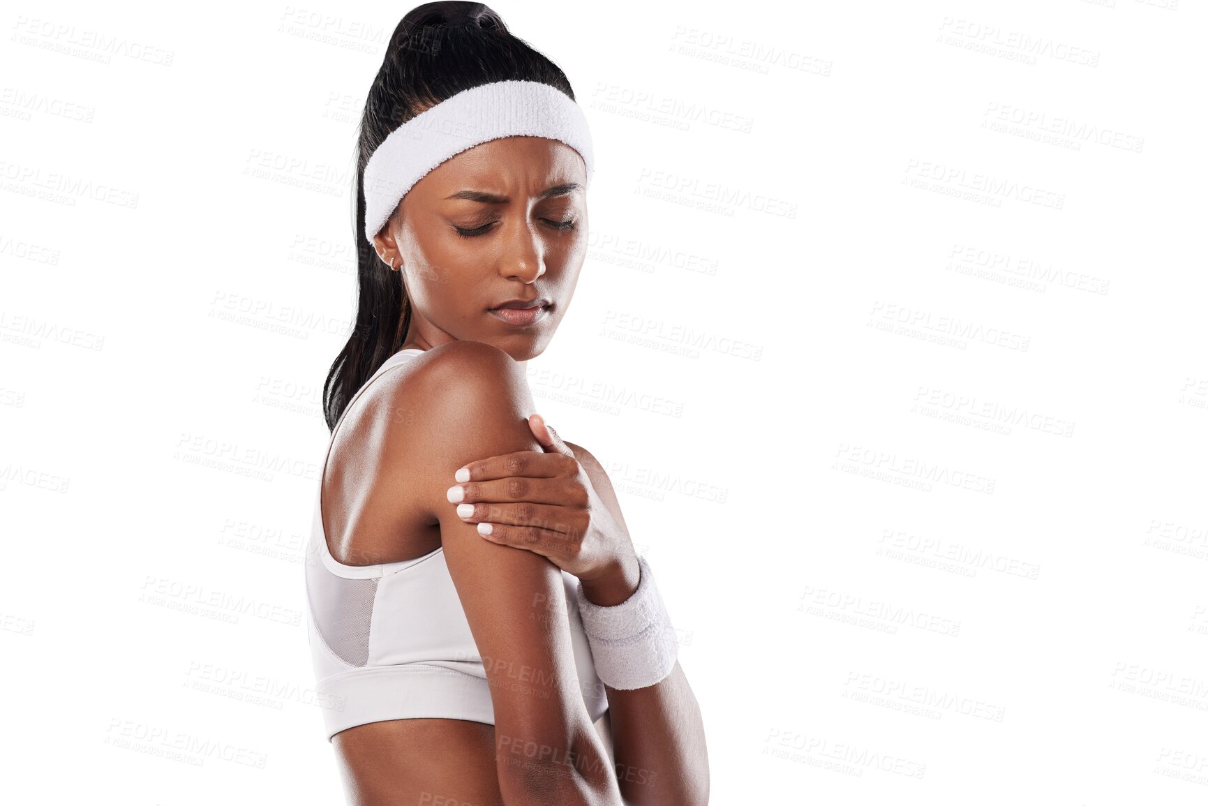 Buy stock photo Tennis, woman and arm pain from sports injury, first aid emergency and isolated on a transparent png background. Young female athlete, accident and problem of injured muscle, anatomy and training 