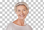 A Portrait of one happy caucasian mature woman Confident smiling senior woman looking cheerful while showing her natural looking teeth in a studio isolated on a png background