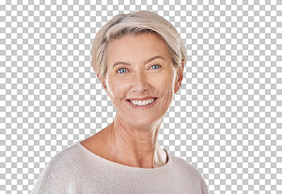 Buy stock photo Senior woman is happy in portrait with smile, headshot and retirement isolated on transparent or png background. Healthy, wellness and happiness with confident female, natural beauty and wrinkles