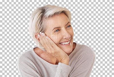 Buy stock photo Senior woman is thinking of retirement, happiness and smile with natural beauty isolated on transparent or png background. Wrinkles, skin and hair with smile on face and beautiful happy female 