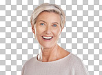 A Portrait of one happy caucasian mature woman Confident smiling senior woman looking cheerful while showing her natural looking teeth in a studio isolated on a png background