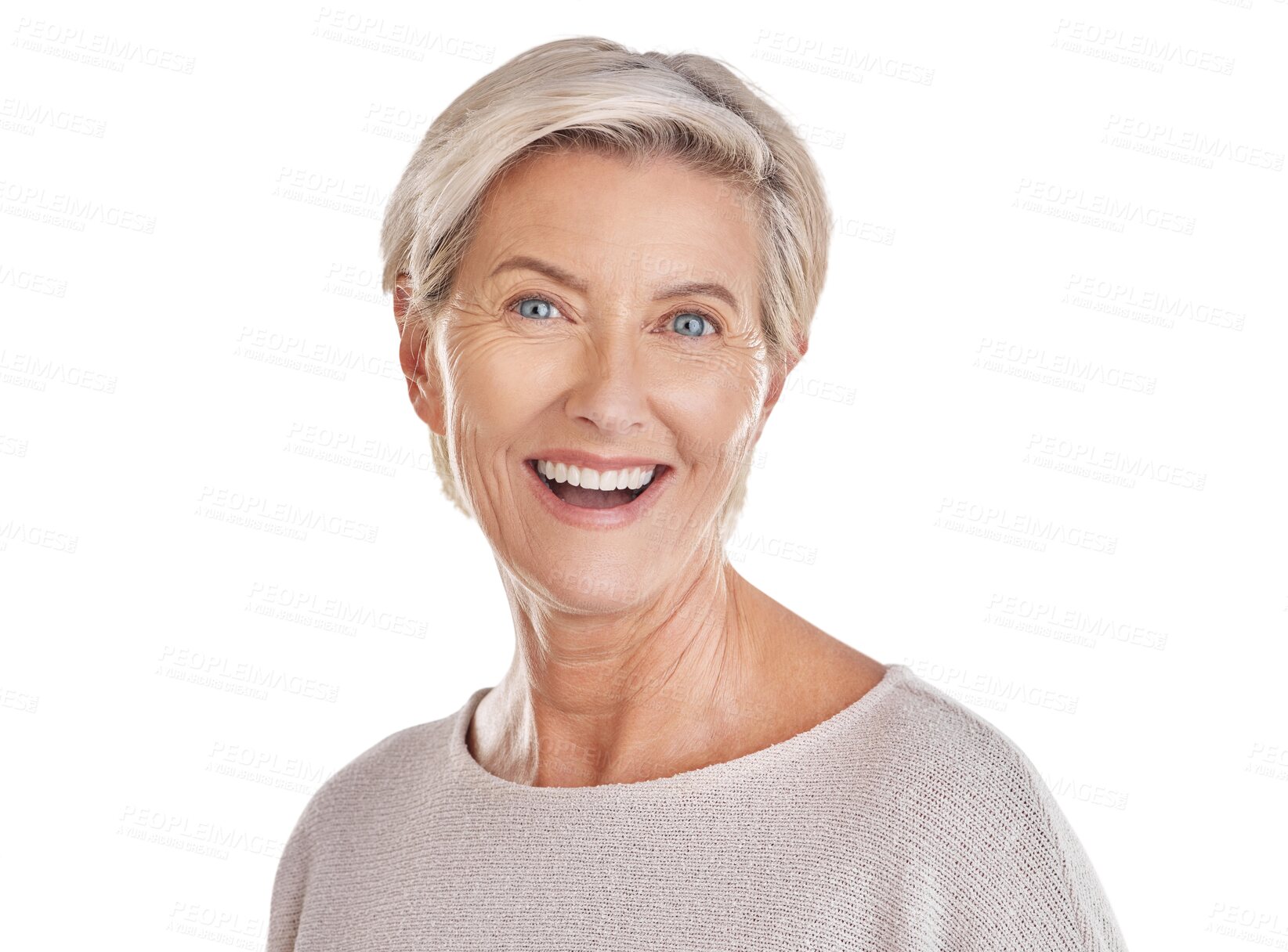 Buy stock photo Happy, beauty and portrait of a senior woman isolated on a transparent png background. Smile, confident and headshot of the face of an elderly lady in retirement with happiness and looking beautiful