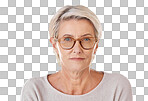 One mature caucasian woman wearing trendy brown prescription spectacles  Senior female looking serious wearing reading glasses for better eyesight isolated on a png background