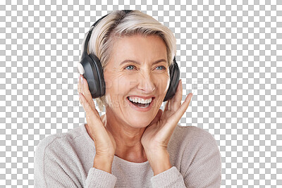 Buy stock photo Thinking, music and PNG with a senior woman isolated on a transparent background while listening to the radio. Happy, smile and idea with a mature female streaming audio via a subscription service