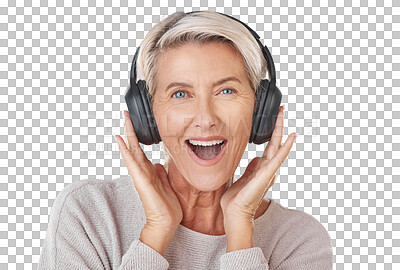 Buy stock photo Portrait, music and headphones on senior woman isolated on transparent background and listening to radio with surprised face. Happy, wow and PNG mature female streaming audio on subscription service