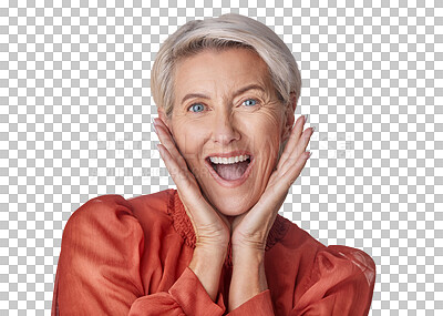 Buy stock photo Senior woman, portrait and wow face isolated on transparent, png background for fashion sale and promotion. Beauty, excited and surprise model or winner person for announcement, news and winning