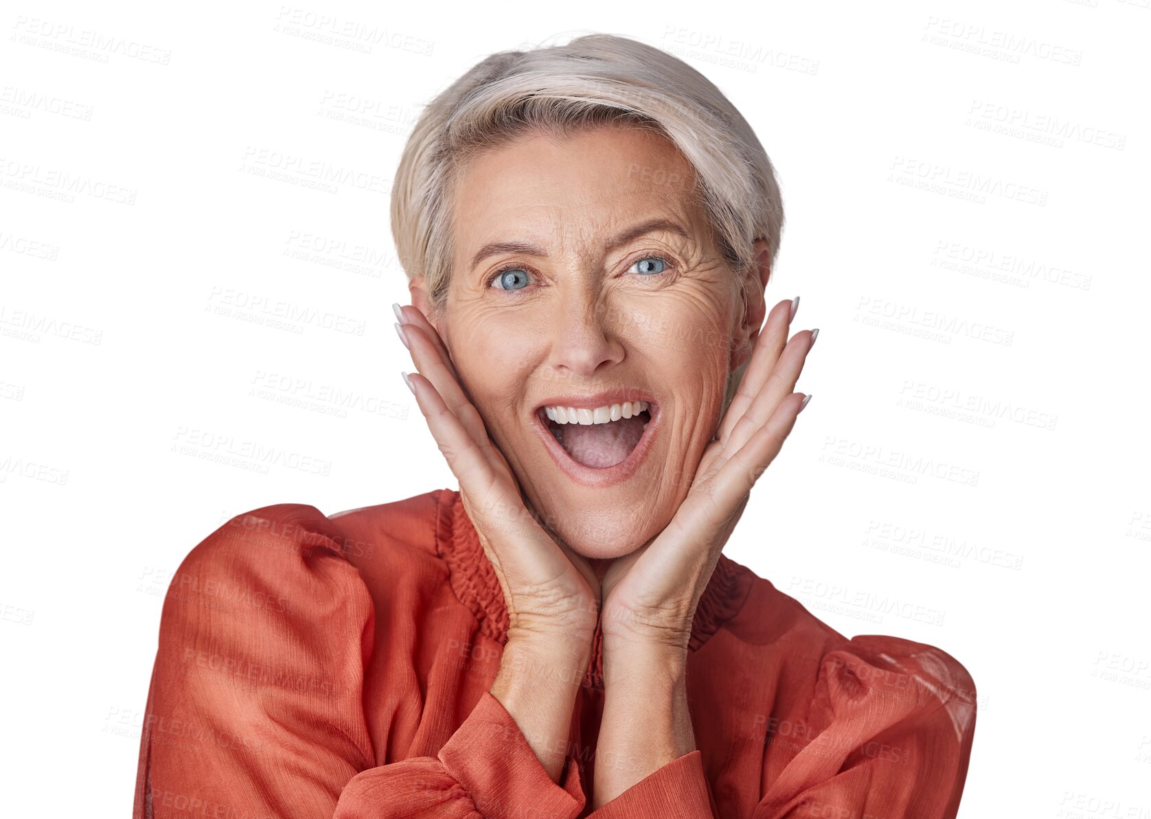 Buy stock photo Senior woman, portrait and wow face isolated on transparent, png background for fashion sale and promotion. Beauty, excited and surprise model or winner person for announcement, news and winning