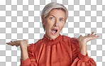 A Mature surprised, wow and shocked woman face posing with her hands up and feeling unsure. Portrait of senior model making facial expression or emotion isolated on a png background