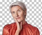 One beautiful caucasian mature woman posing with a hand on her cheek and thinking of memories. Contemplative senior woman touching her face and wishing isolated on a png background