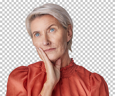 Buy stock photo Senior woman, thinking and vision by transparent png background with ideas, worry and memory of past life. Isolated, elderly female model and concentration to remember, focus and problem on mind