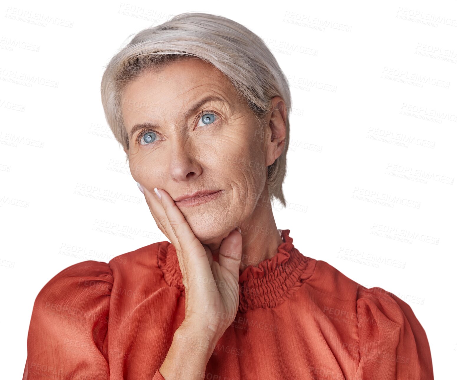 Buy stock photo Senior woman, thinking and vision by transparent png background with ideas, worry and memory of past life. Isolated, elderly female model and concentration to remember, focus and problem on mind