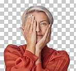 A Beauty, health and wellness with a senior woman touching her face with her hands on Headshot portrait of a person covering her eye with her hand to show good vision and skincare isolated on a png background