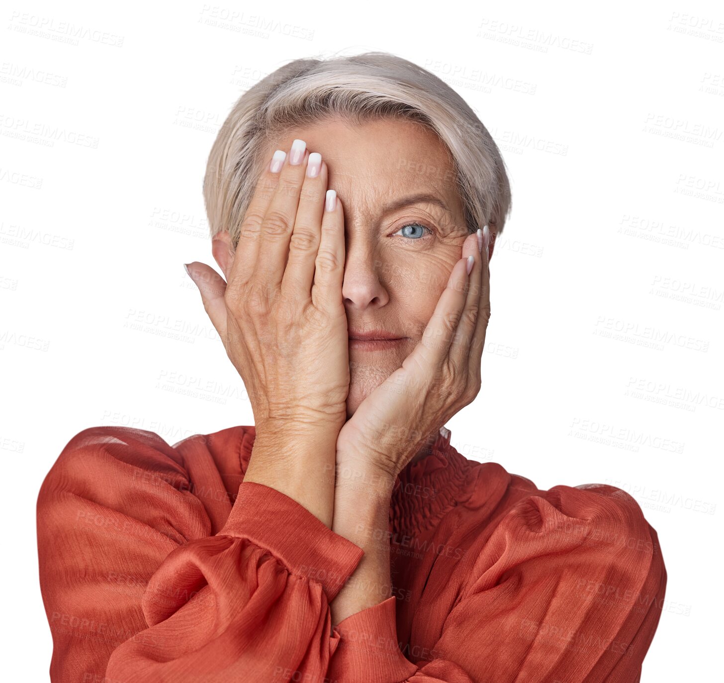 Buy stock photo Portrait, beauty and senior woman hiding eye and confident, retired and isolated against a transparent png background. Face, mature female or old person with wellness, care or retirement with vision