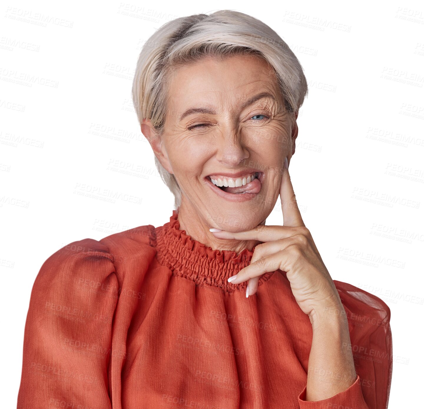 Buy stock photo Portrait, tongue and senior woman isolated on transparent PNG background for comedy emoji or fun. Face, funny and comic with a mature female looking crazy, quirky or silly while joking for wink humor