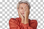 One mature woman suffering with a headache and looking stressed while posing Ageing woman experiencing anxiety and fear in a studio isolated on a png background