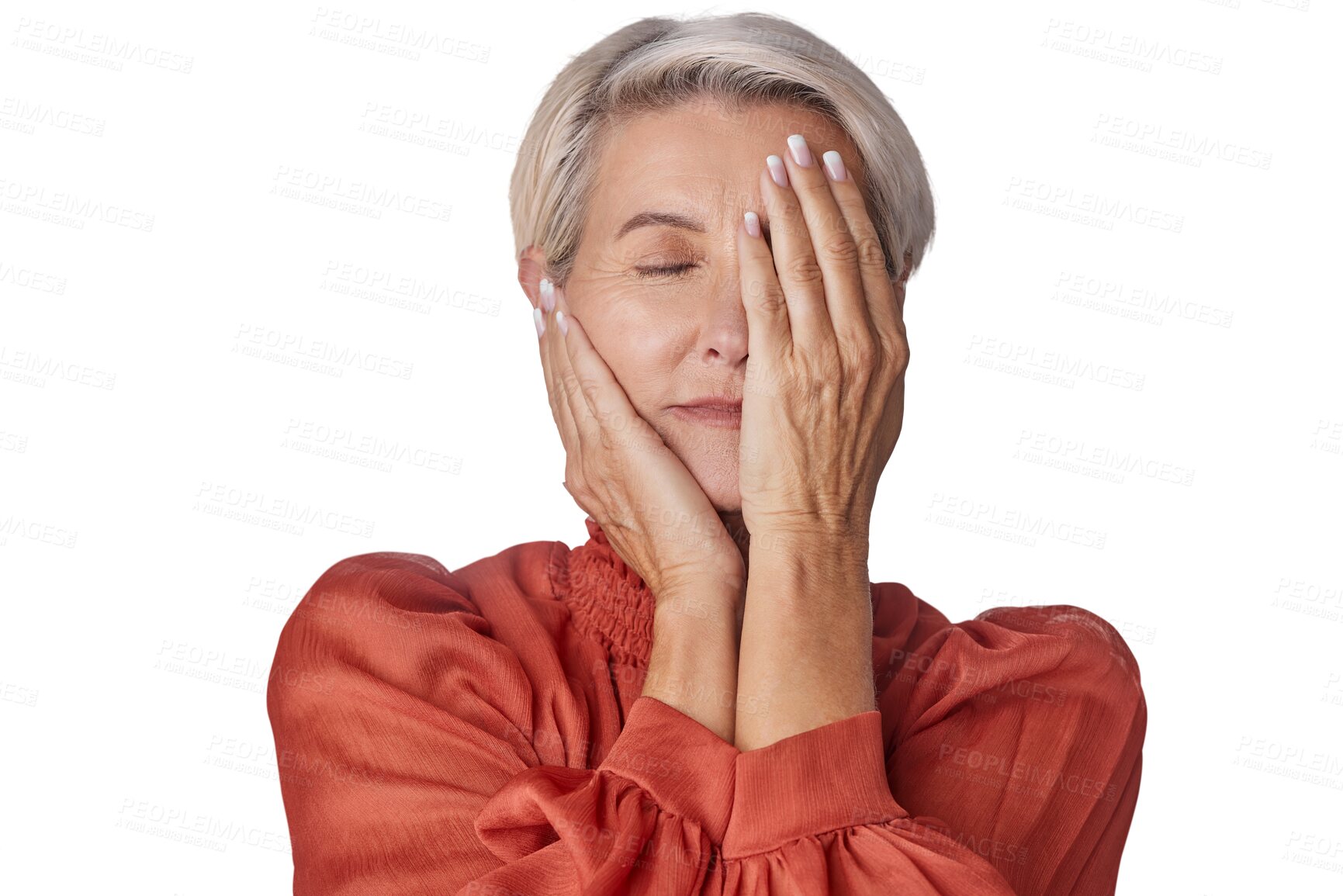 Buy stock photo Senior woman, headache and hands on face by transparent png background for stress, burnout or tired of crisis. Isolated elderly businesswoman, mental health or hand on eye for depression with problem