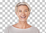 A Senior woman with smile for dental health, beauty skincare and content face Portrait of happy model with healthy teeth, facial makeup and wellness in retirement isolated on a png background