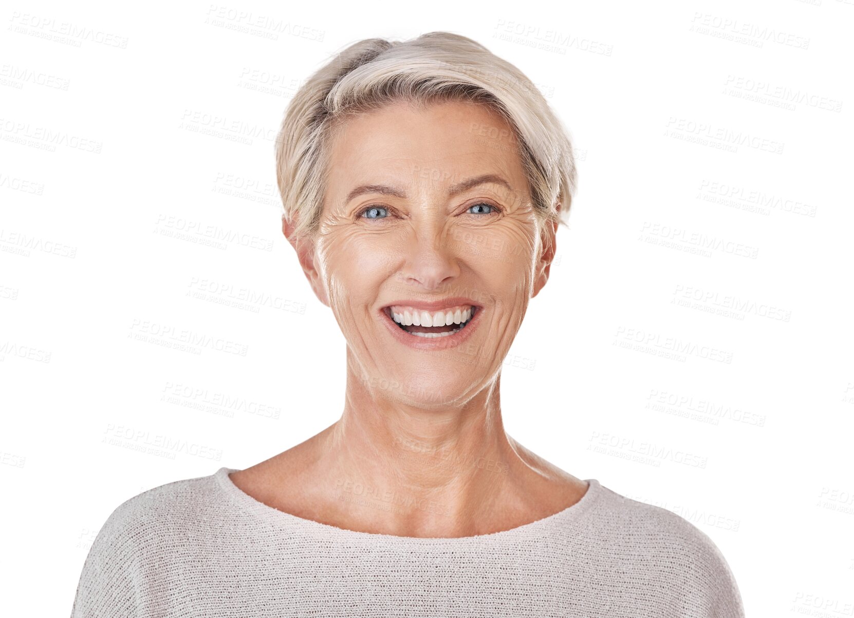 Buy stock photo Happy, positive and portrait face of a senior woman isolated on a transparent png background. Smile, confident and a headshot of an elderly lady in retirement with happiness and looking beautiful