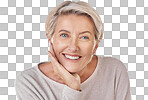 A Face of beauty, mature woman with care and wellness in studio. Smile with natural makeup, anti aging dermatology and skincare or health. Portrait of a happy and relaxed lady with a positive mindset isolated on a png background