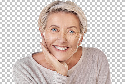 Buy stock photo Portrait, happy and senior woman face isolated on a transparent, png background for beauty, skincare or natural makeup. Smile of an elderly person or model for cosmetics results or anti aging