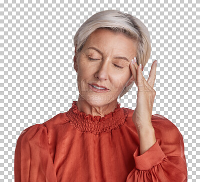 Buy stock photo Stress, headache and senior woman isolated on transparent, png background in business risk, mental health or thinking problem. Brain fog, pain and elderly person in work decision, choice or anxiety