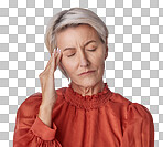 One mature woman suffering with a headache and looking stressed while posing Ageing woman experiencing anxiety and fear in a studio isolated on a png background