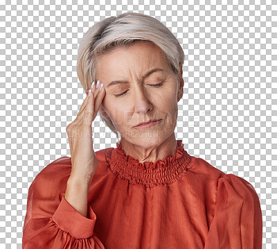 Buy stock photo Pain, headache and senior woman isolated on transparent, png background for confused, mental health or thinking problem. Brain fog, stress or tired elderly person in work decision, memory or anxiety