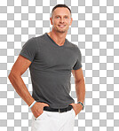 A Portrait, man and smile with style, fashion and handsome guy. Muscular male, gentleman and trendy outfit for confidence, cool and happiness for summer and relax isolated on a png background