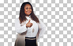 Thumbs up, and portrait of business woman with thank you sign while. Black woman, hand and success gesture by boss thumbsup for yes, approval and agree while isolated on a png background