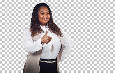 Buy stock photo Happy woman, thumbs up and portrait isolated on transparent, png background for success, support or thank you. Business, African person or winner winning, yes and ok emoji or like and subscribe sign