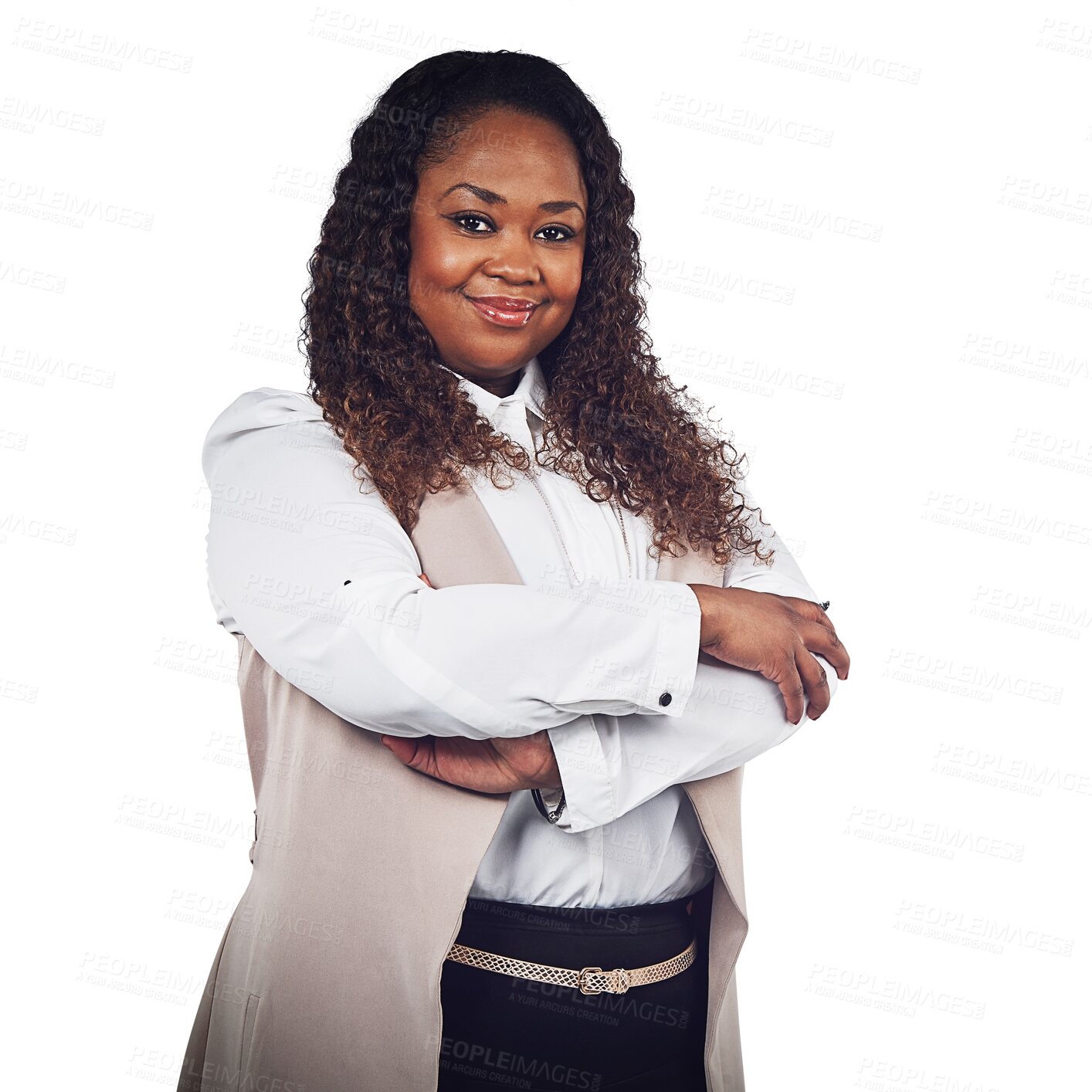 Buy stock photo Black woman in business, portrait and smile with arms crossed isolated on transparent, png background. Happiness, mission and career mindset, professional female person in corporate fashion and pride