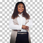 A Black woman, smile and portrait in studio for success, empowered and ambition. Face, woman and corporate employee enjoying career, excited and independent while standing isolated on a png background