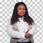 A Black woman, portrait and proud business owner in studio with attitude, ambition. Face, black business and lady manager empowered, assertive and mindset while standing isolated on a png background