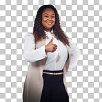 A Portrait, thumbs up and business woman in studio with thank you sign while. Black woman, hand and success gesture by boss thumbsup for yes, approval and agree while isolated on a png background