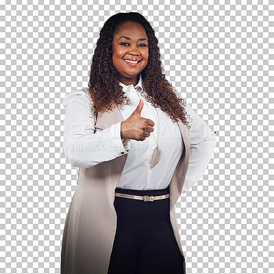 Buy stock photo African woman, thumbs up and happy portrait isolated on transparent, png background for success, support or thank you. Plus size person with fashion vote, yes and ok emoji or like and winning hand