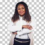 A Business woman, portrait and happy with mindset in studio, ambition and vision. Black woman, face and black business startup idea by leader posing, empower and proud or isolated on a png background