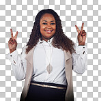 A Smile, peace hands gesture and black woman portrait of business worker excited. employee and professional african female with cool hand sign isolated with plus size style isolated on a png background