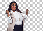 Success, winner and portrait of black woman for victory, promotion and achievement. Advertising, mockup space and happy female isolated in studio cheer, winning and celebration isolated on a png background