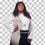 A Happy, beautiful and portrait of a confident black woman Smile, proud and laughing African professional with confidence, pride and stylish on backdrop isolated on a png background