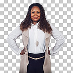 A Portrait, business and black woman with smile, leader and entrepreneur. Leadership, African American female or consultant with motivation, management and confident isolated on a png background