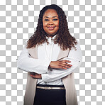 A Happy, portrait and business woman in studio with motivation, idea and vision. Face, leader and black woman with startup dream, goal and black business mission while isolated on a png background