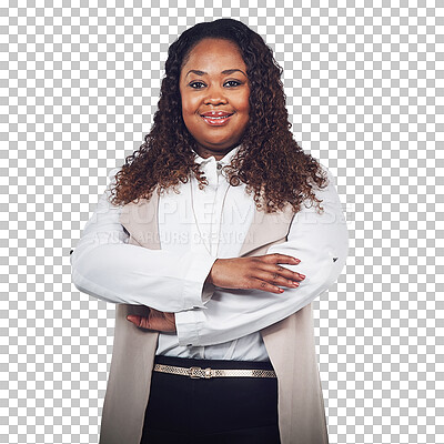 Buy stock photo Arms crossed, portrait or black woman smiling with business or success isolated on transparent png background. Entrepreneur, confident or happy worker standing with positive mindset or motivation 