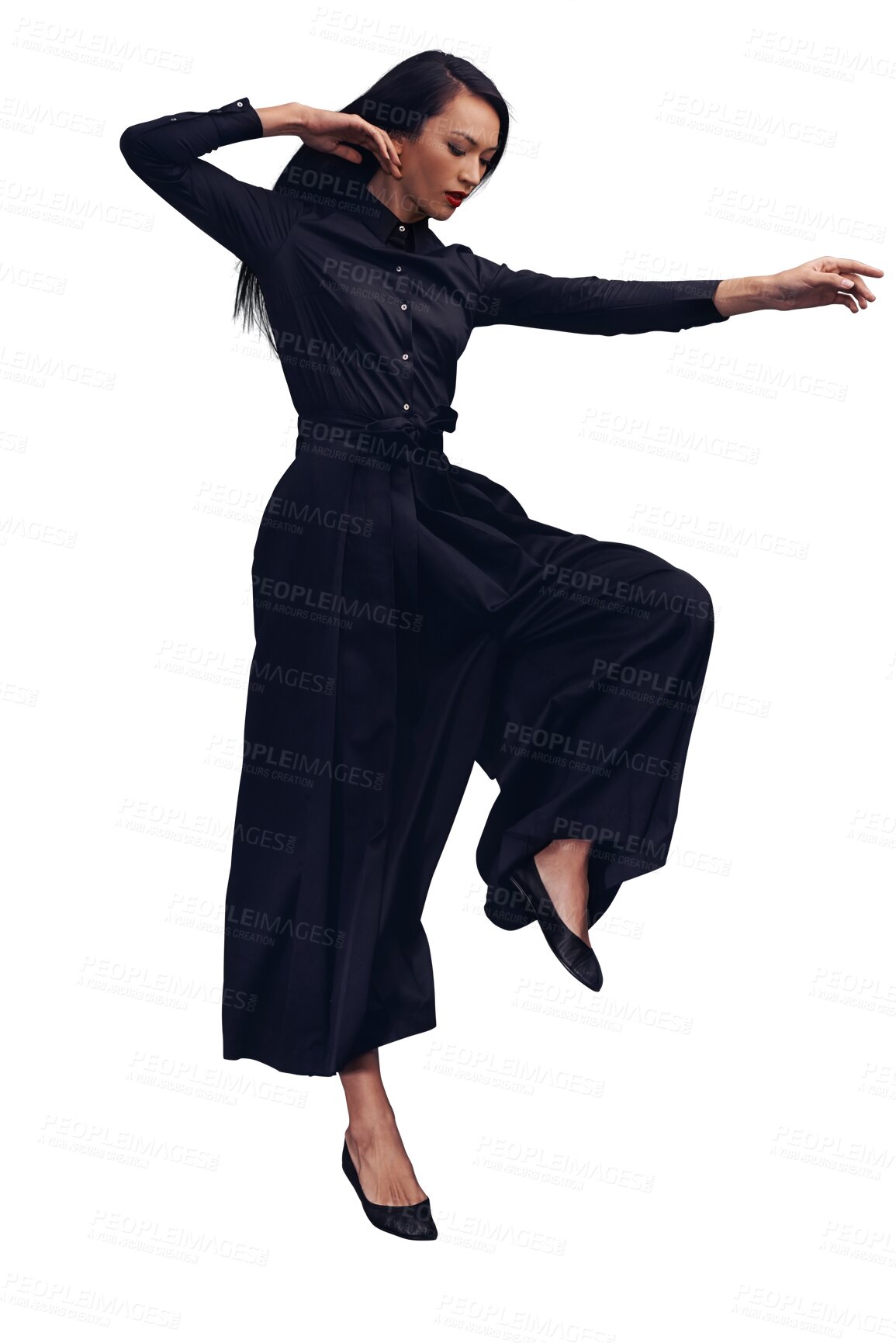 Buy stock photo Woman jump, martial arts and tai chi with fitness and self defense exercise isolated on transparent, png background. Young female fighter, karate and taekwondo with sport and training to fight