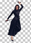 A Ninja, blade and woman warrior  jumping for a martial arts or assassin fighter skill. Fantasy, cosplay and portrait of a female model in a samurai costume with swords by isolated on a png background