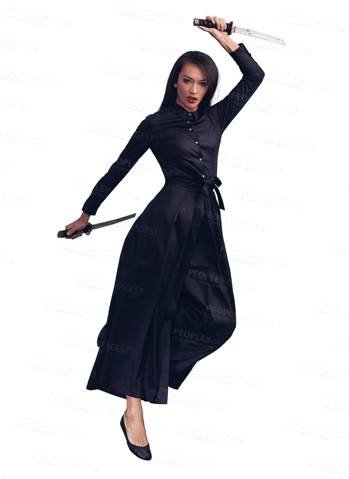 Buy stock photo Woman jump, martial arts and tai chi with sword, portrait and self defense isolated on transparent png background. Young female fighter, karate and taekwondo with combat and training to fight