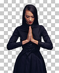 A Fitness tai chi, martial arts and woman with prayer hands. Face, karate meditation and female fighter with hand gesture ready for workout, exercise or training isolated on a png background