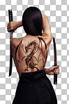 A Woman, sword and dragon tatto  and samurai art culture in Japan. Ninja cosplay, girl warrior or martial arts fighter with swords and creative tattoos in isolated on a png background