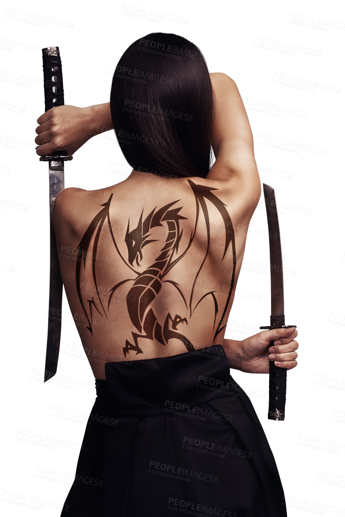 Buy stock photo Samurai woman, back tattoo with sword and warrior in fantasy, Japanese cosplay or isolated on transparent png background. Asian female fighter, power or weapon for action, martial arts and dragon ink